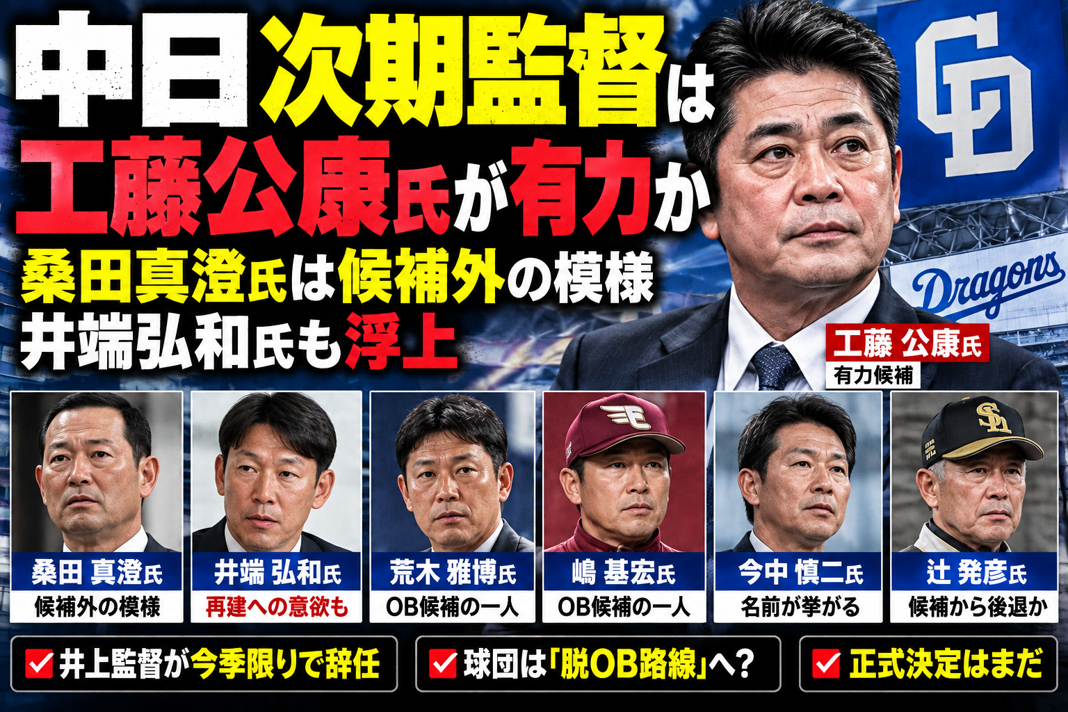 中日ドラゴンズの次期監督候補を伝えるスポーツニュース風イメージ