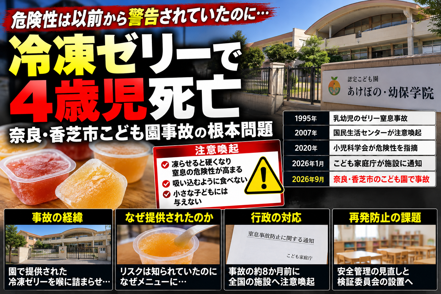 冷凍ゼリーによる窒息死亡事故の解説用AI生成イメージ。園舎は実際の施設の写真ではありません