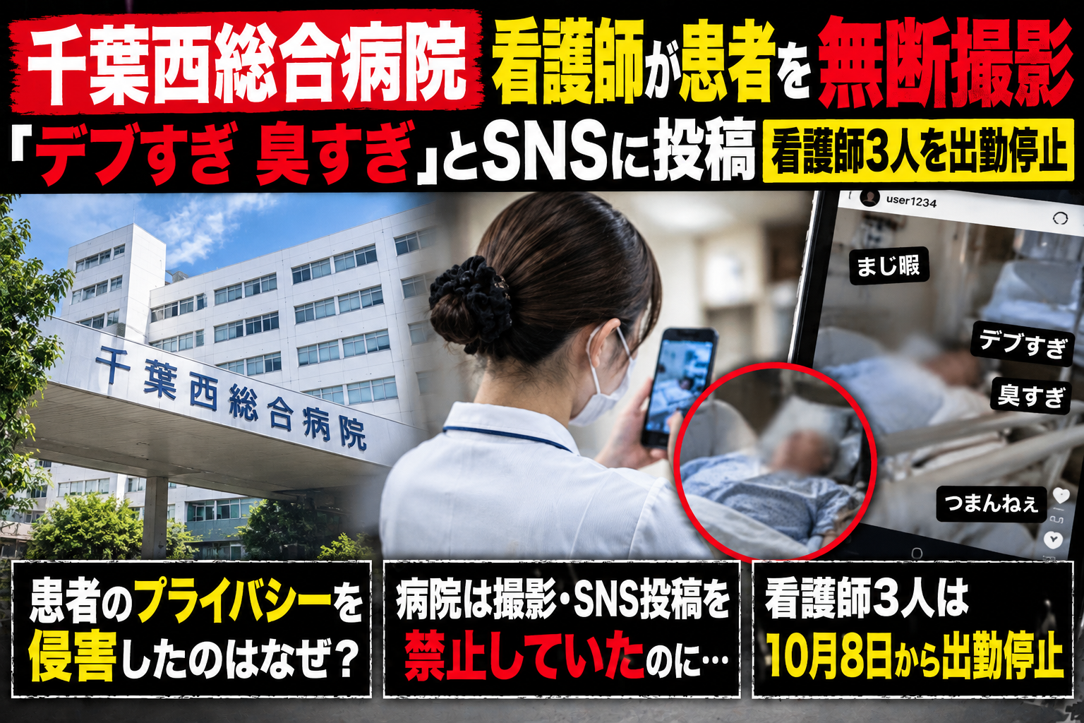 千葉西総合病院での患者無断撮影とSNS投稿問題を伝える解説イメージ