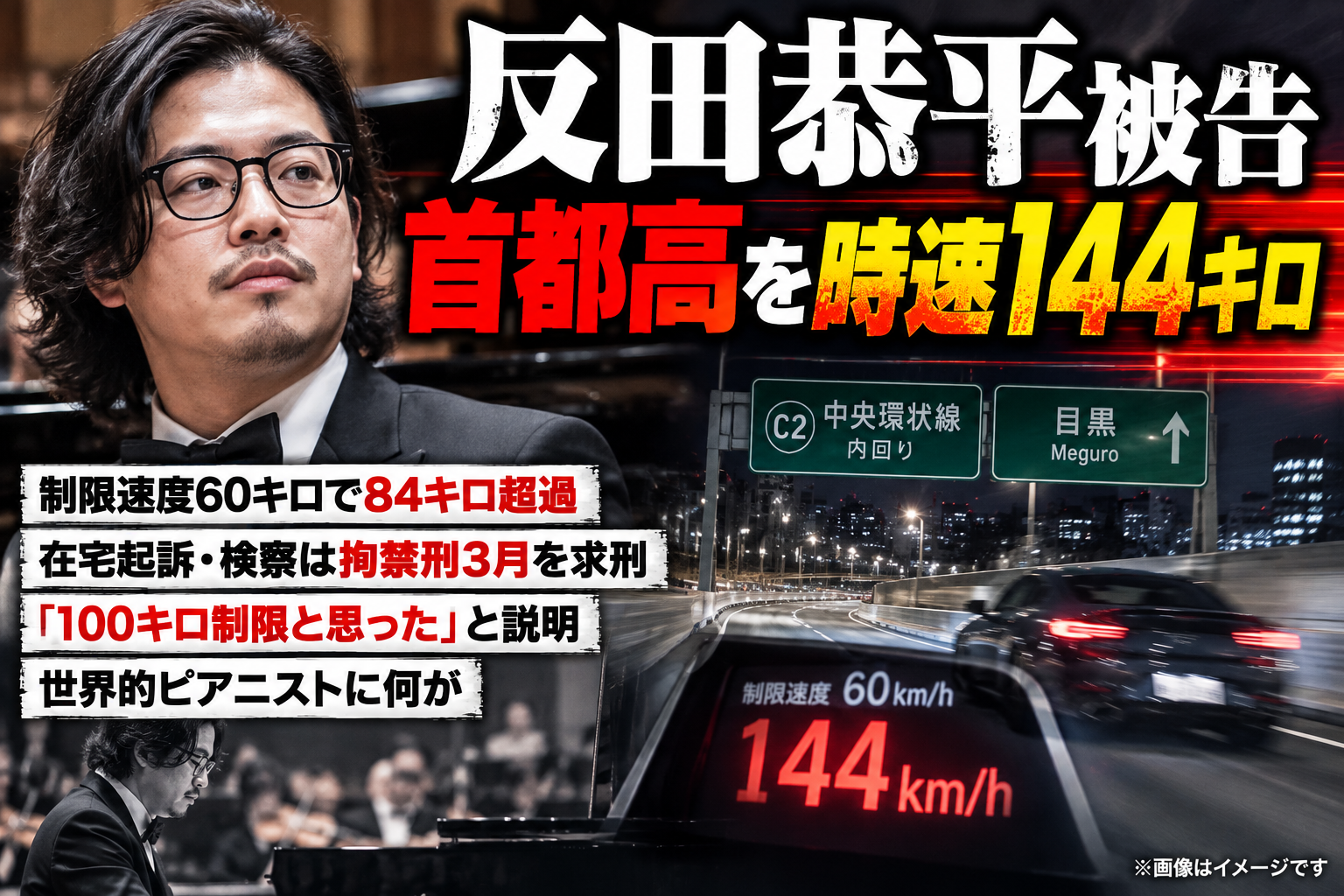 反田恭平被告の首都高速での速度超過事件を伝えるニュース風イメージ