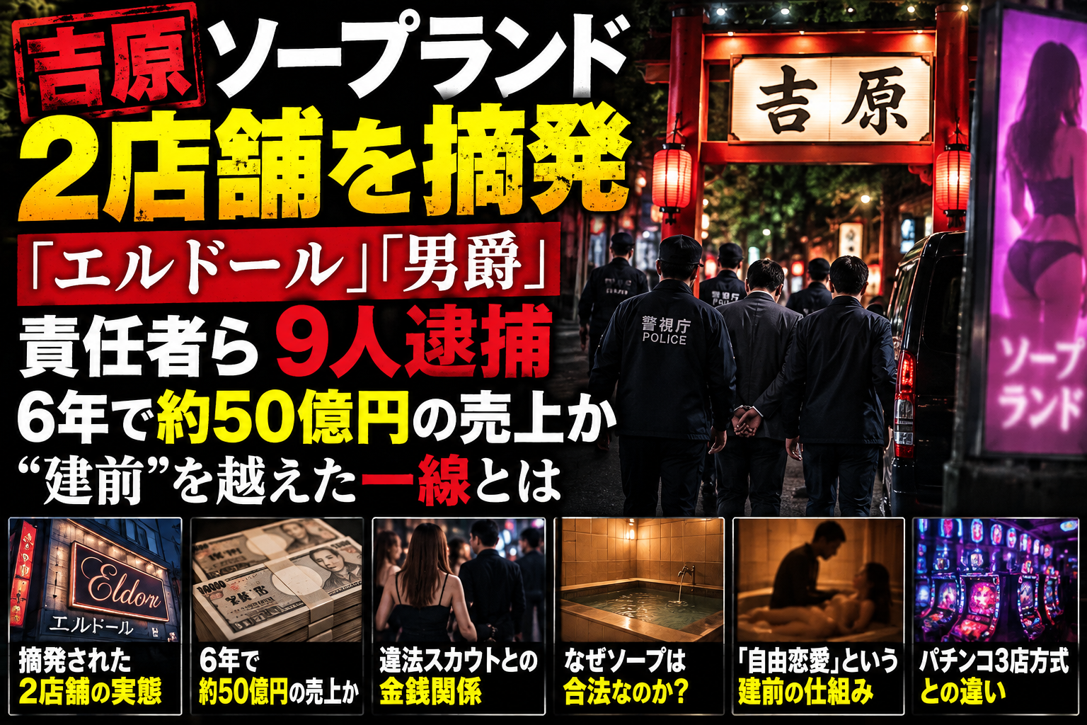 吉原のソープランド2店舗摘発と売春防止法上の論点を伝えるニュース風イメージ