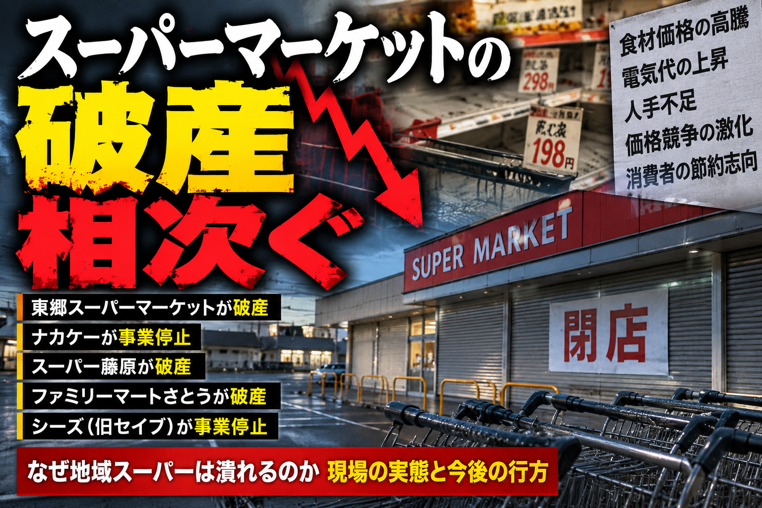 地域スーパーの破産や事業停止が相次ぐ状況を伝えるニュース風イメージ