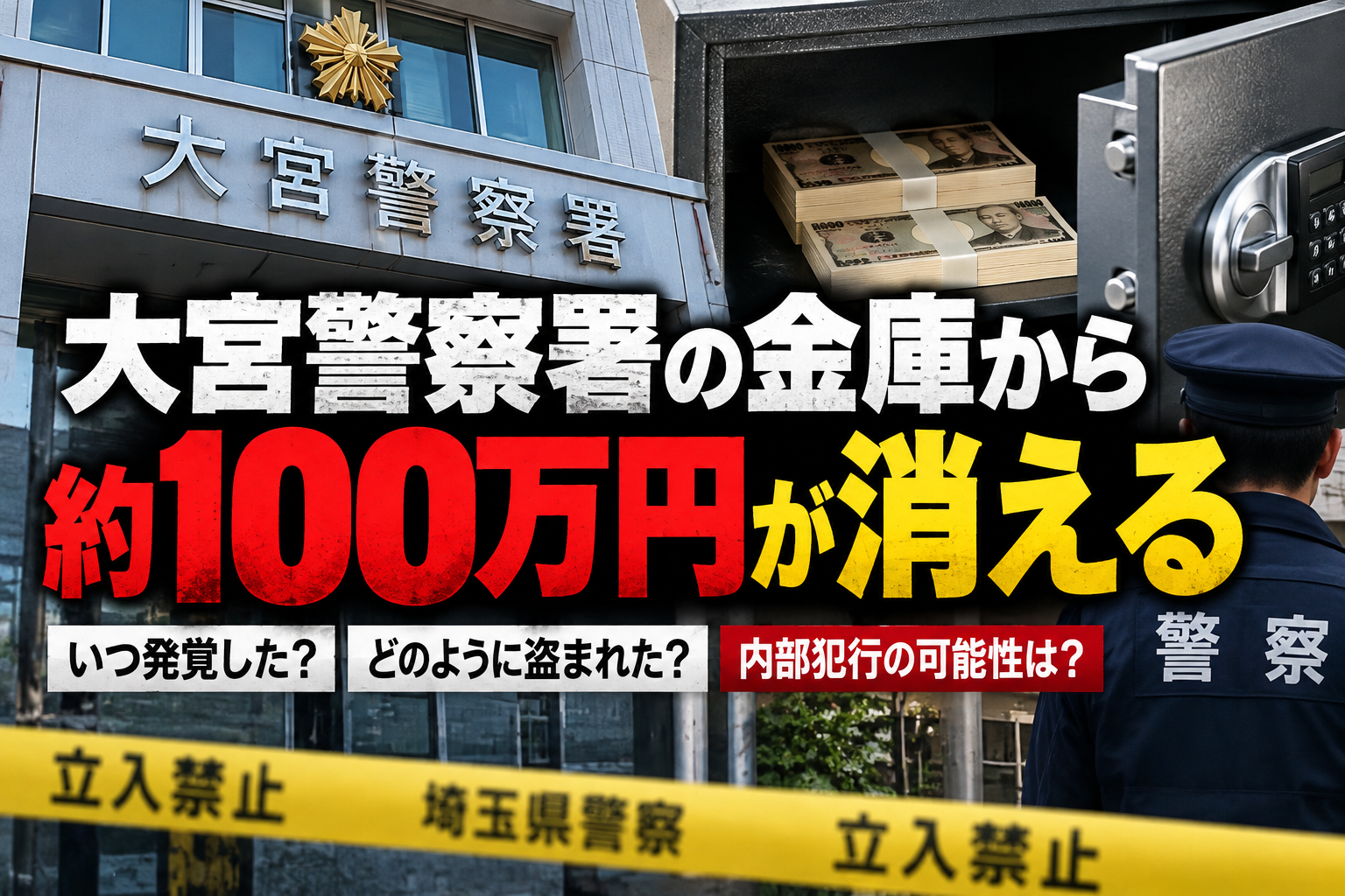 大宮警察署の金庫から約100万円が消えた事件を伝える合成ニュース画像(実際の現場写真ではありません)