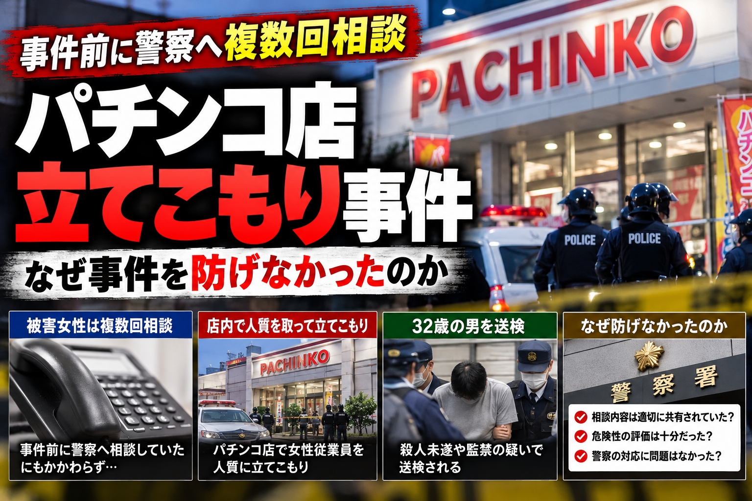 会津若松パチンコ店立てこもり事件と警察への事前相談を扱ったAI生成の解説画像。実際の現場や人物の写真ではありません