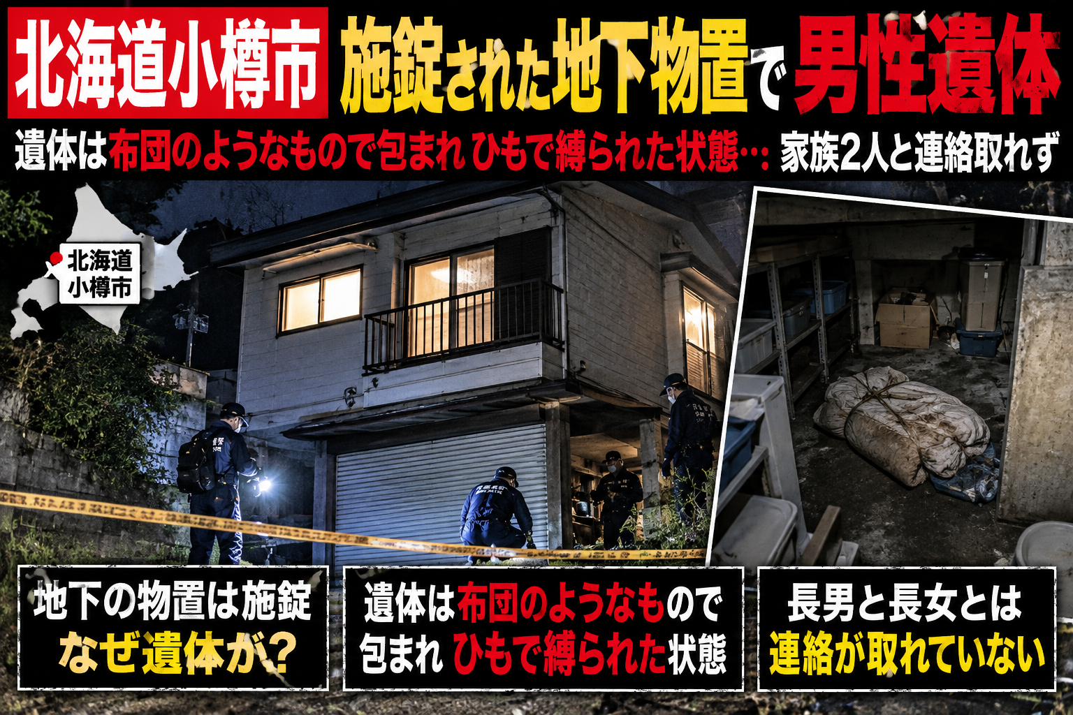北海道小樽市の地下物置で男性遺体が見つかった事件の解説イメージ