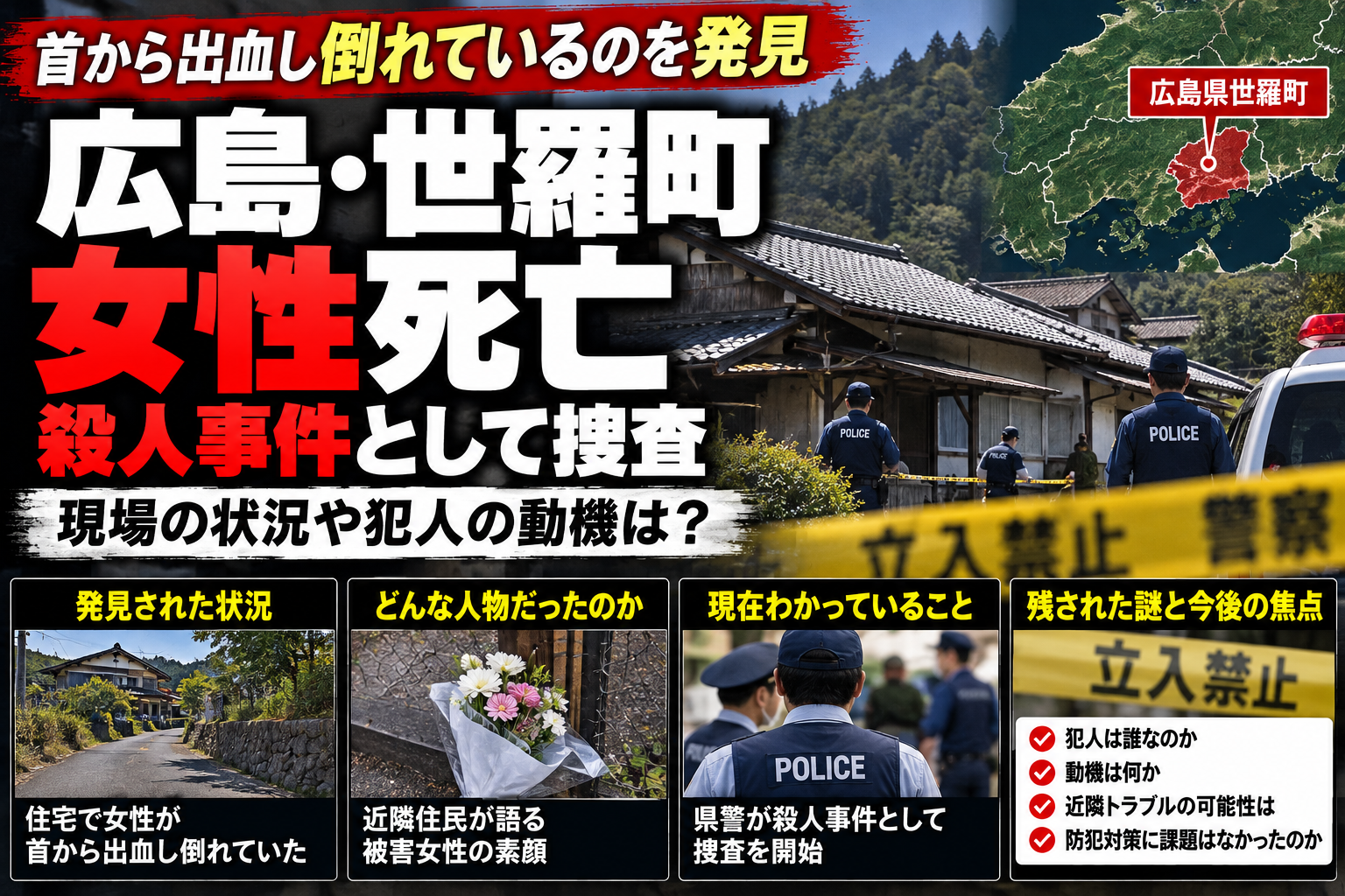 広島県世羅町の死亡事件を説明するAI生成画像。実際の現場や関係者の写真ではありません