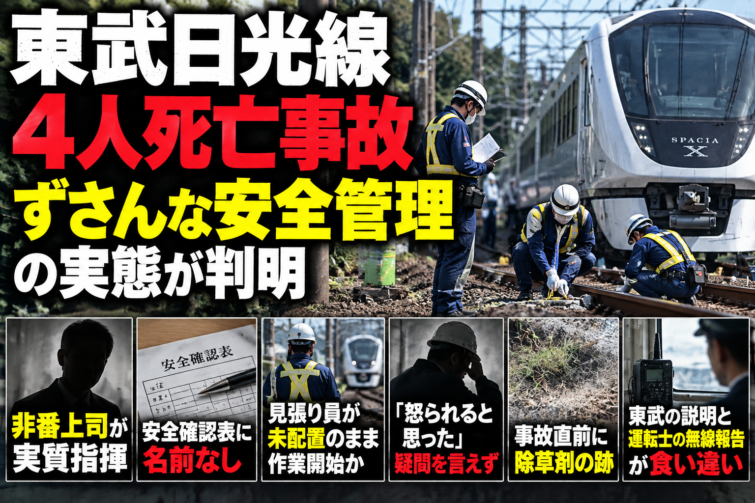 東武日光線の4人死亡事故と安全管理問題を伝えるニュース風イメージ