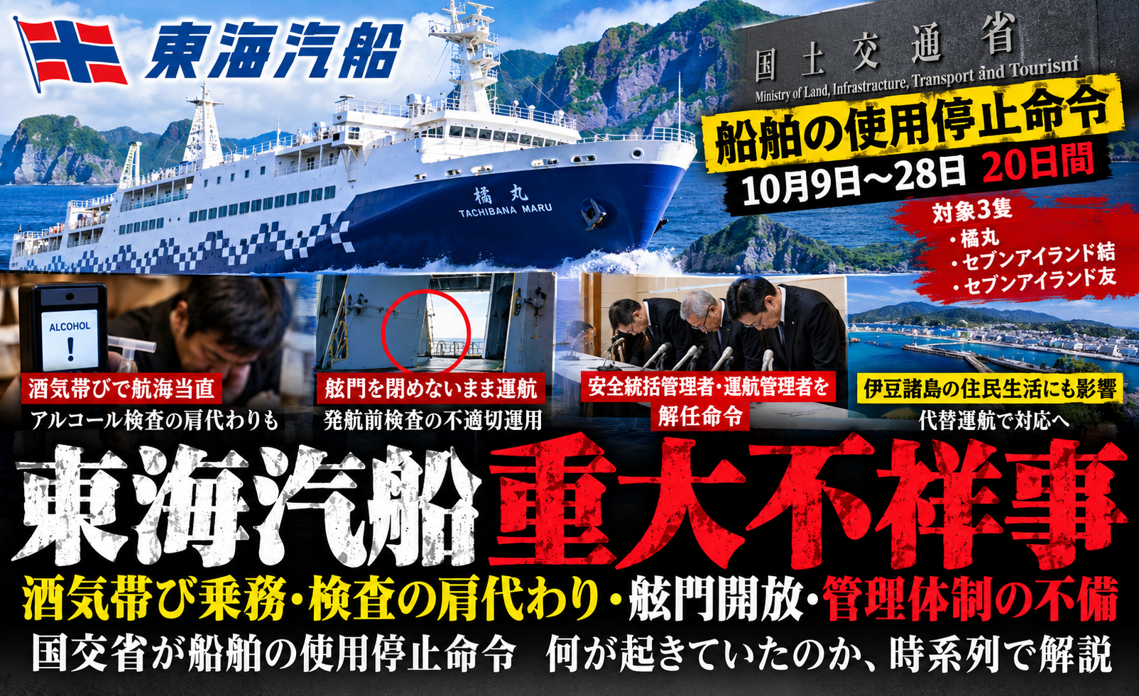 東海汽船の酒気帯び乗務や検査不正、船舶使用停止命令を扱う記事ヘッダー画像