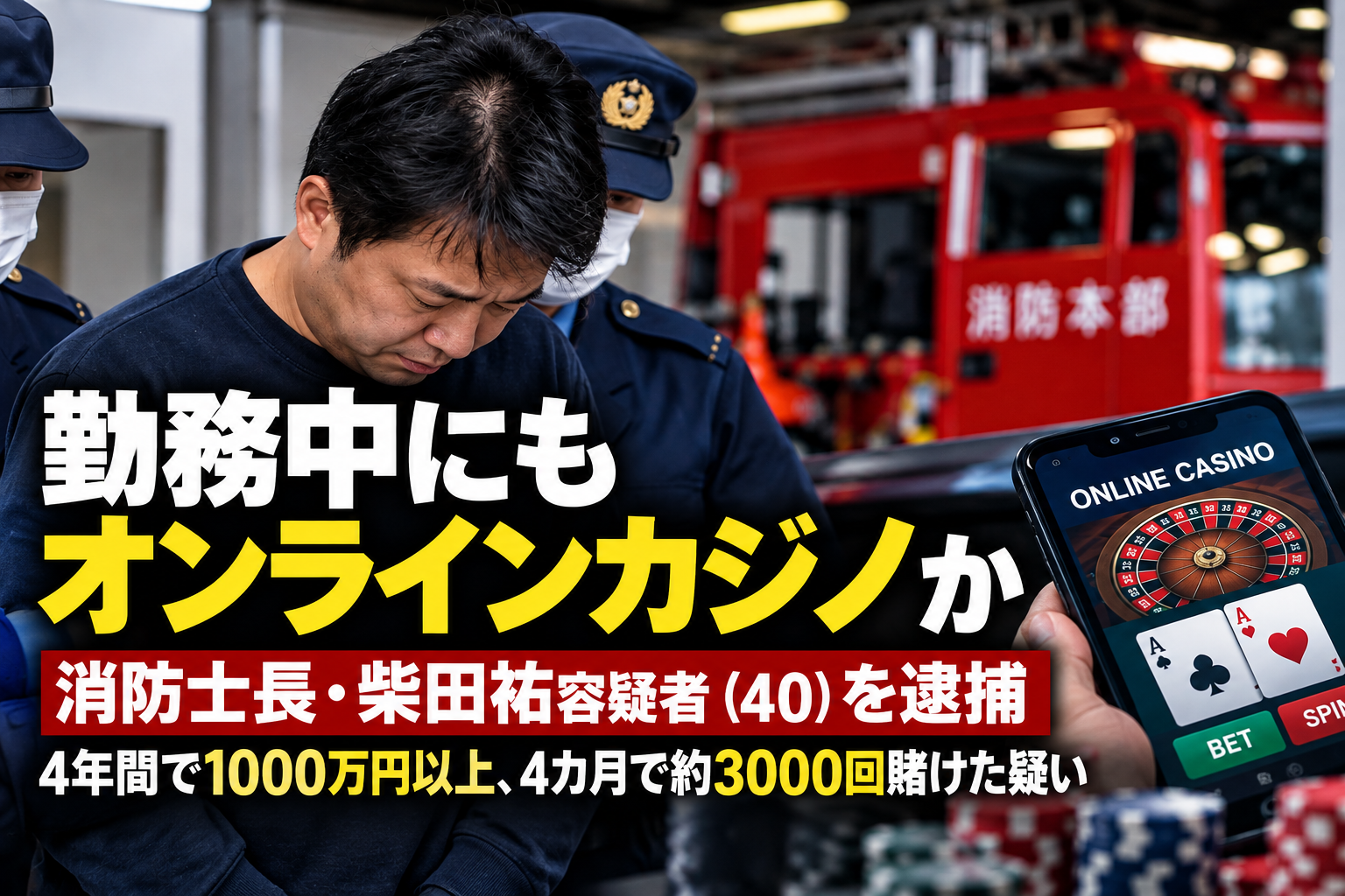 消防士長の柴田祐容疑者がオンラインカジノの常習賭博容疑で逮捕された事件のイメージ画像