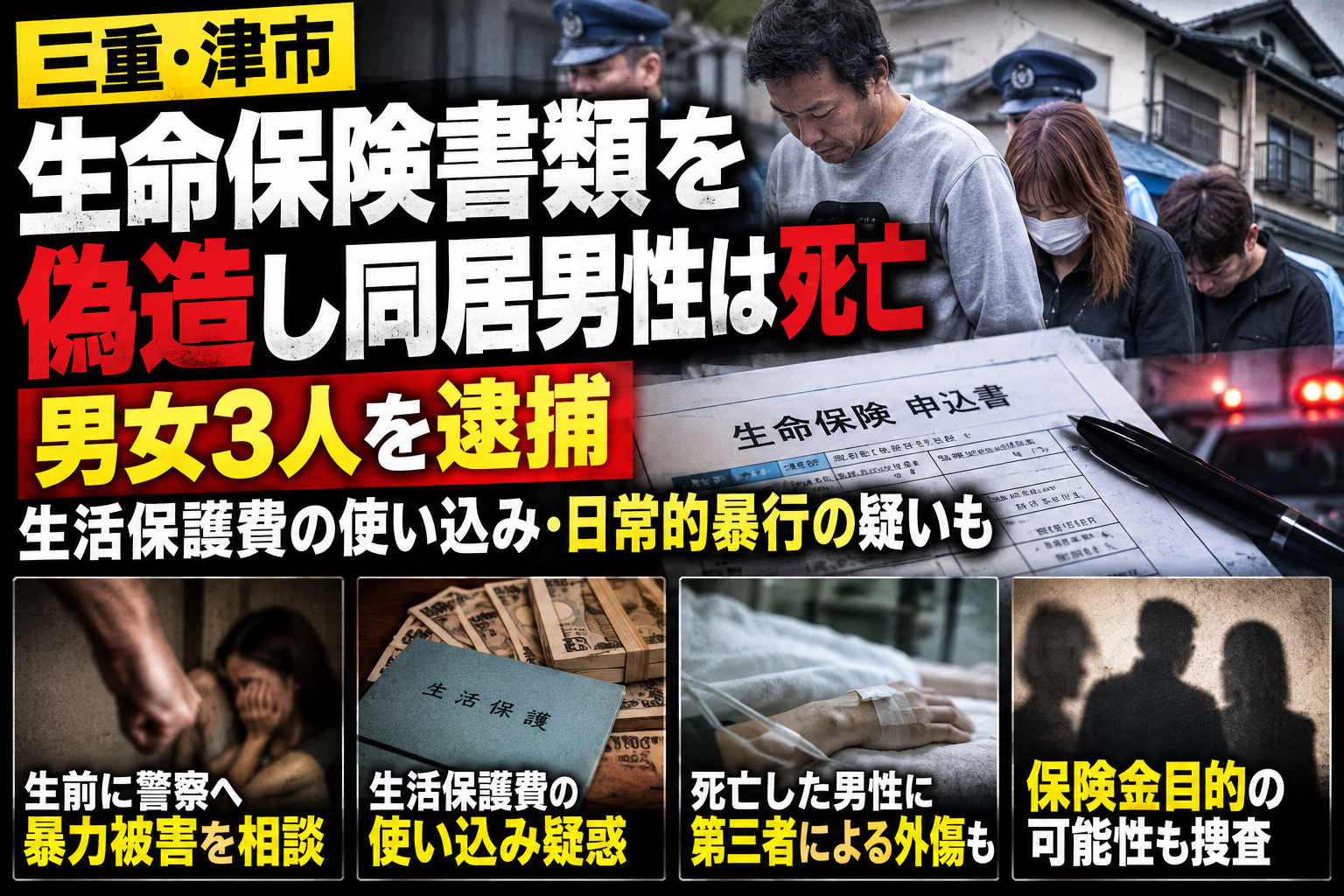 津市の生命保険書類偽造事件と同居男性死亡を伝えるニュース風イメージ