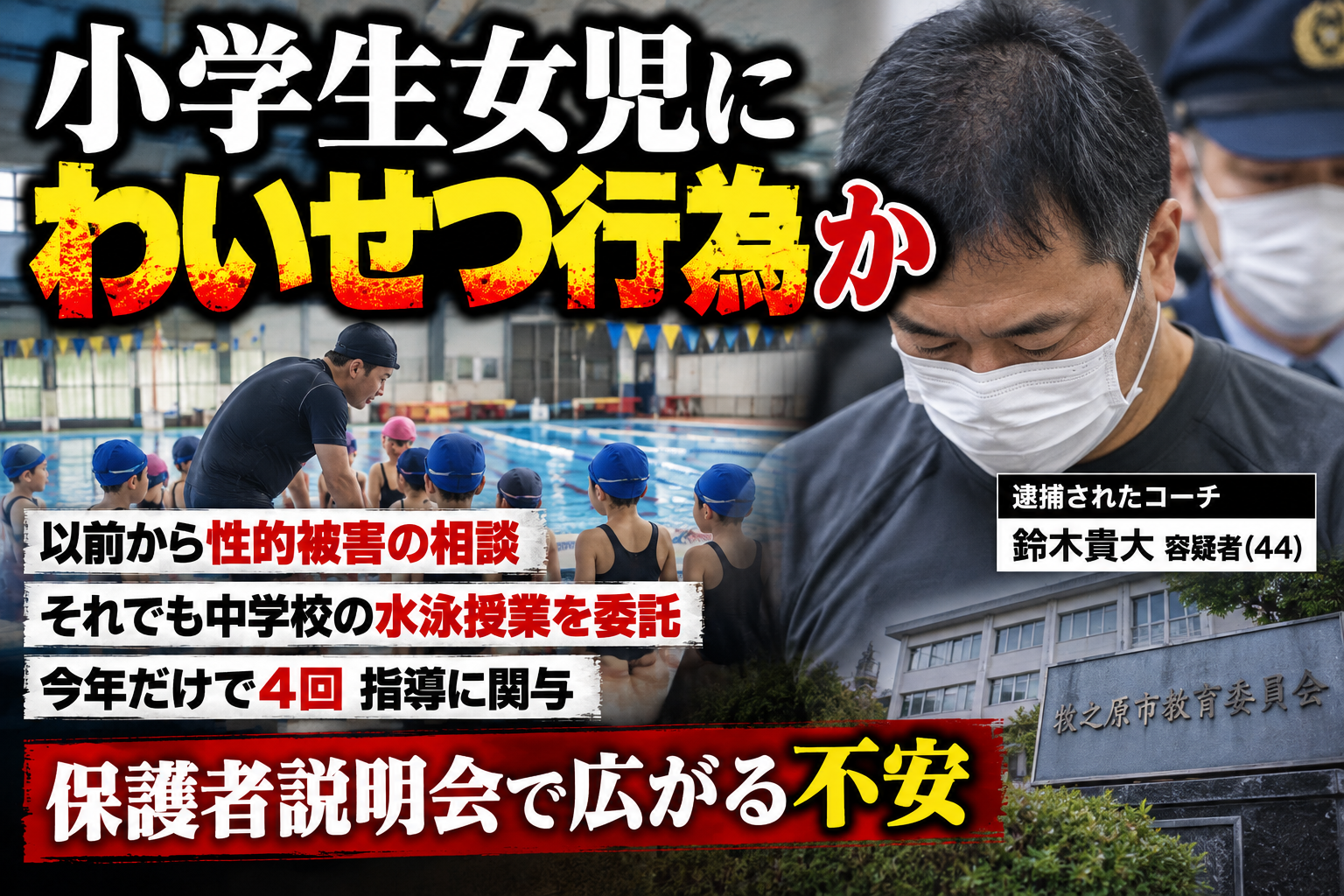 牧之原市のスイミングコーチ逮捕と水泳授業委託問題を伝えるニュース風イメージ