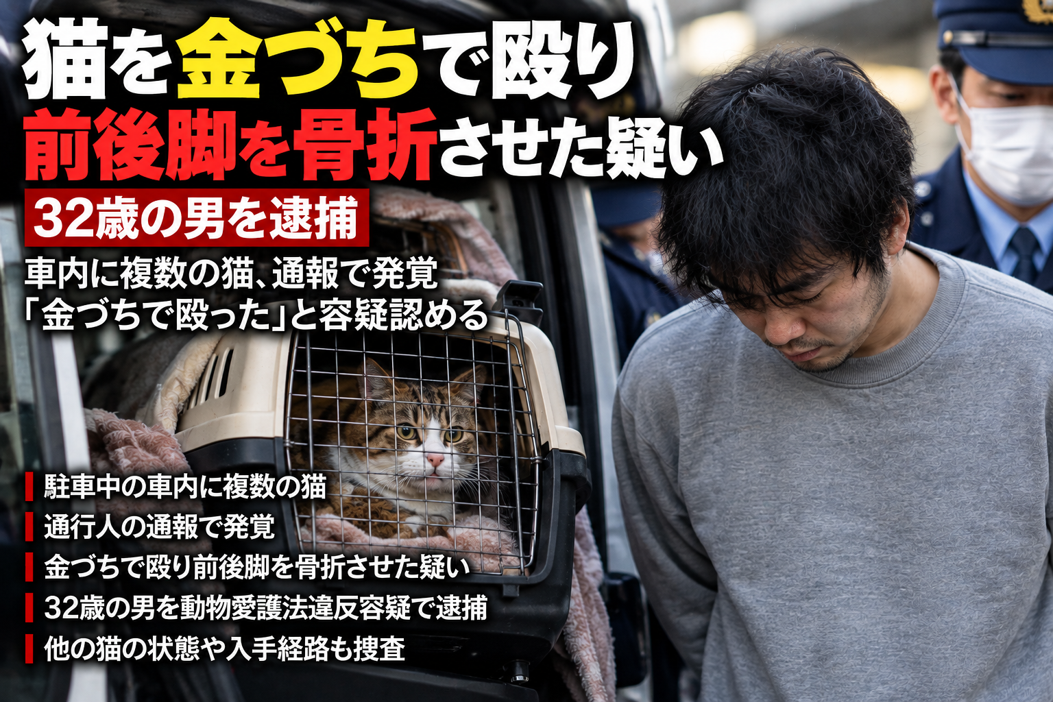 猫を金づちで殴り前後脚を骨折させた疑いの事件を伝えるイメージ画像