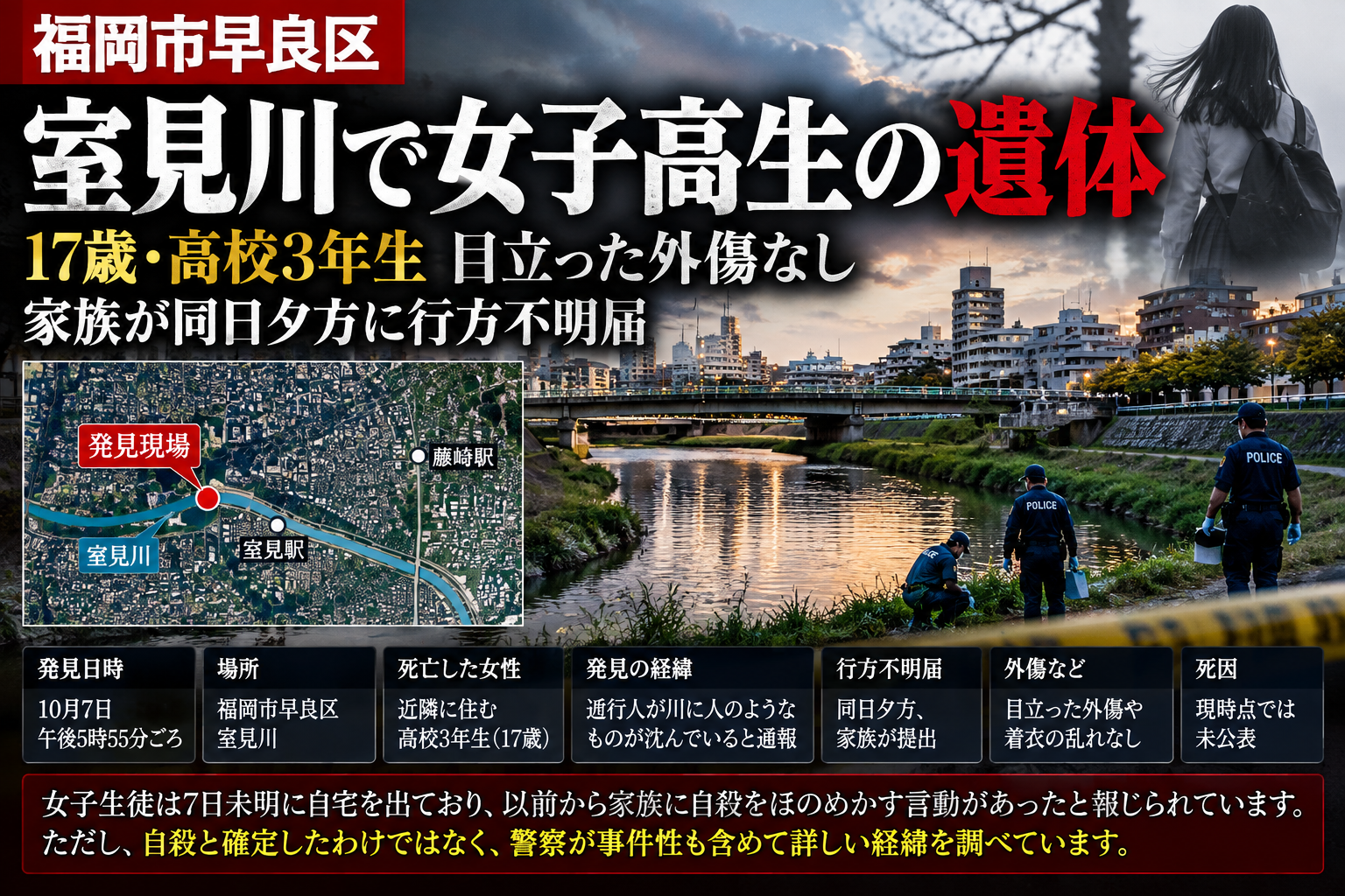 福岡市早良区・室見川で女子高校生が死亡したニュースのイメージ画像