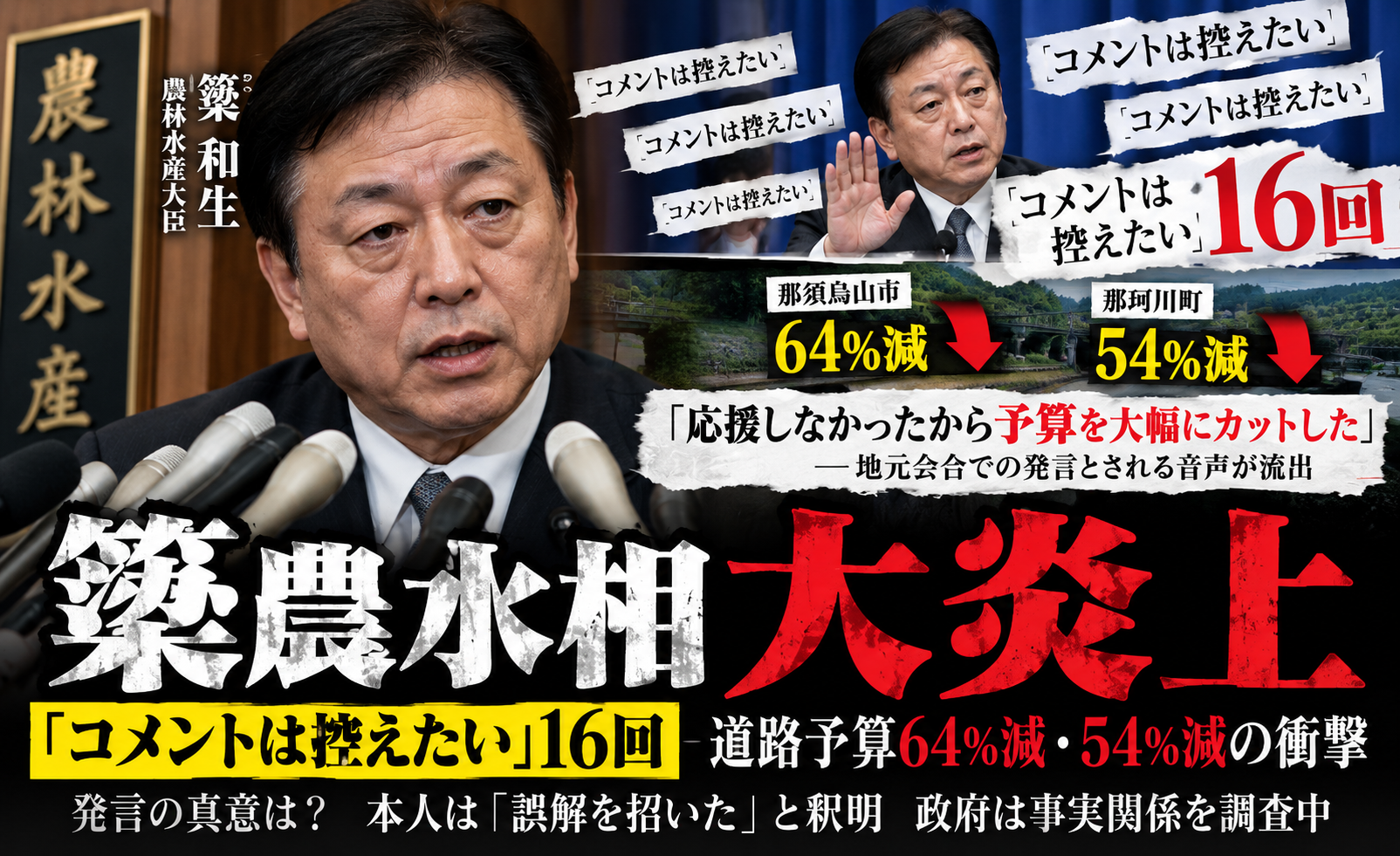 簗和生農水相の道路予算発言とコメント控える16回の会見を扱う記事ヘッダー画像