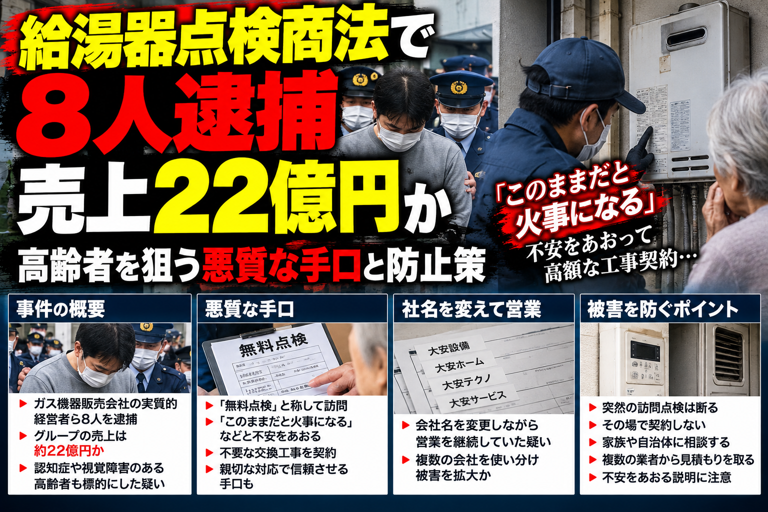 給湯器の無料点検を装う悪質商法と被害防止策を解説したイメージ画像
