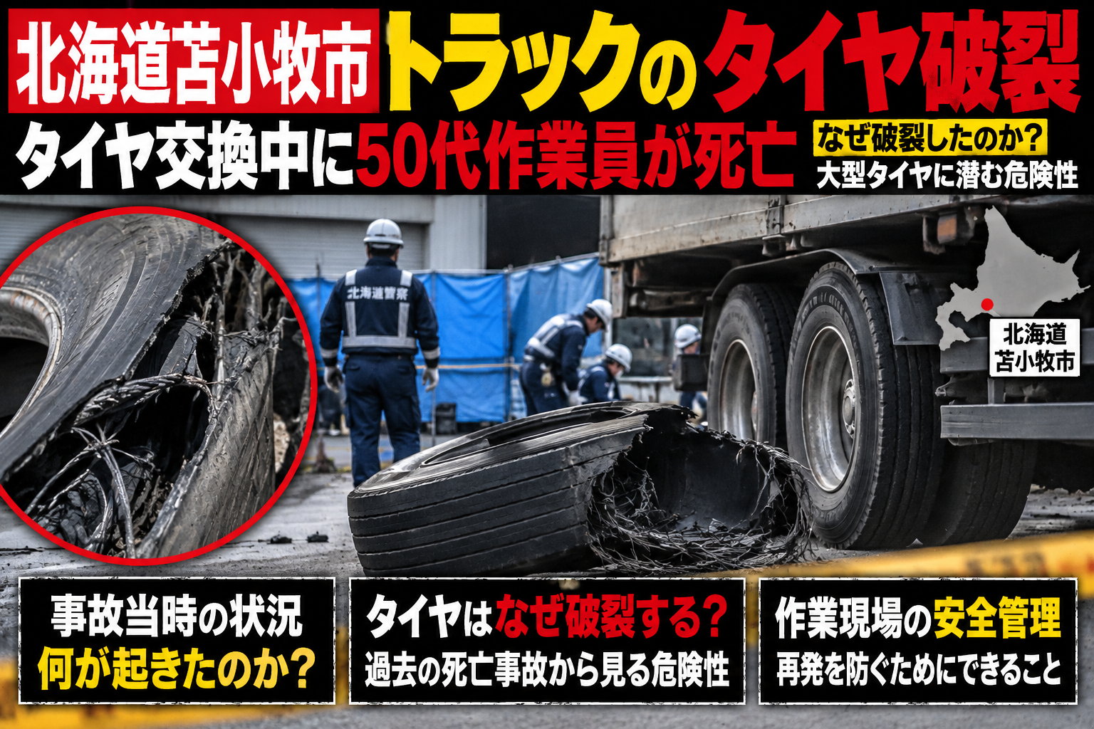 北海道苫小牧市でトラックのタイヤが破裂し作業員が死亡した事故の解説イメージ