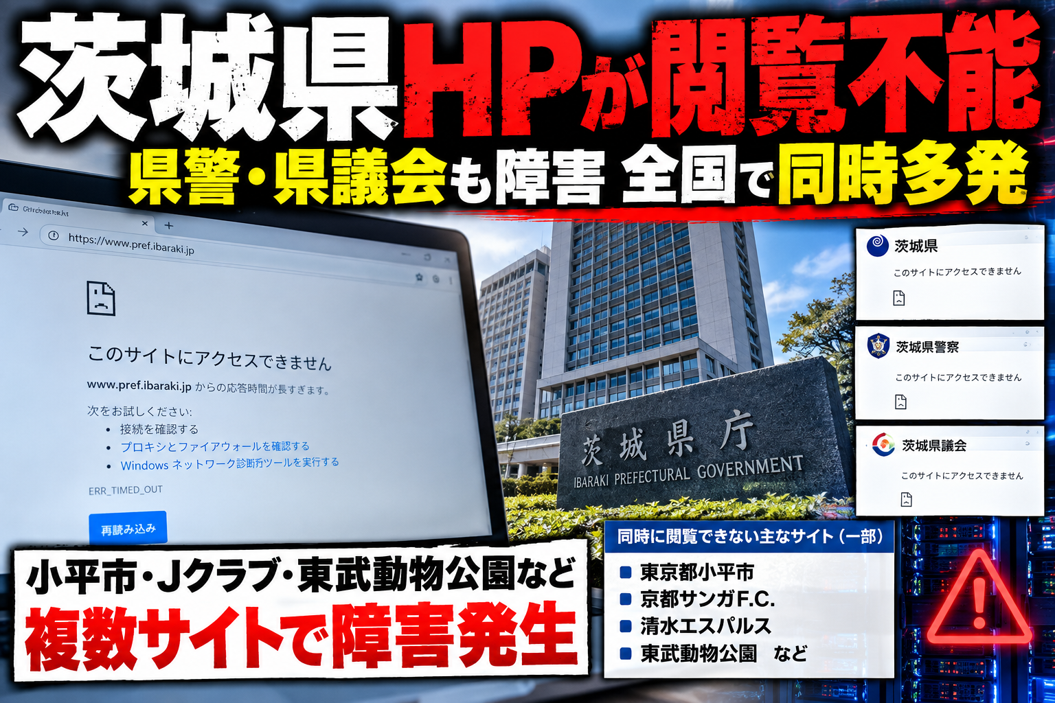 茨城県公式ホームページや県警・県議会サイトの閲覧障害を伝えるニュース風イメージ