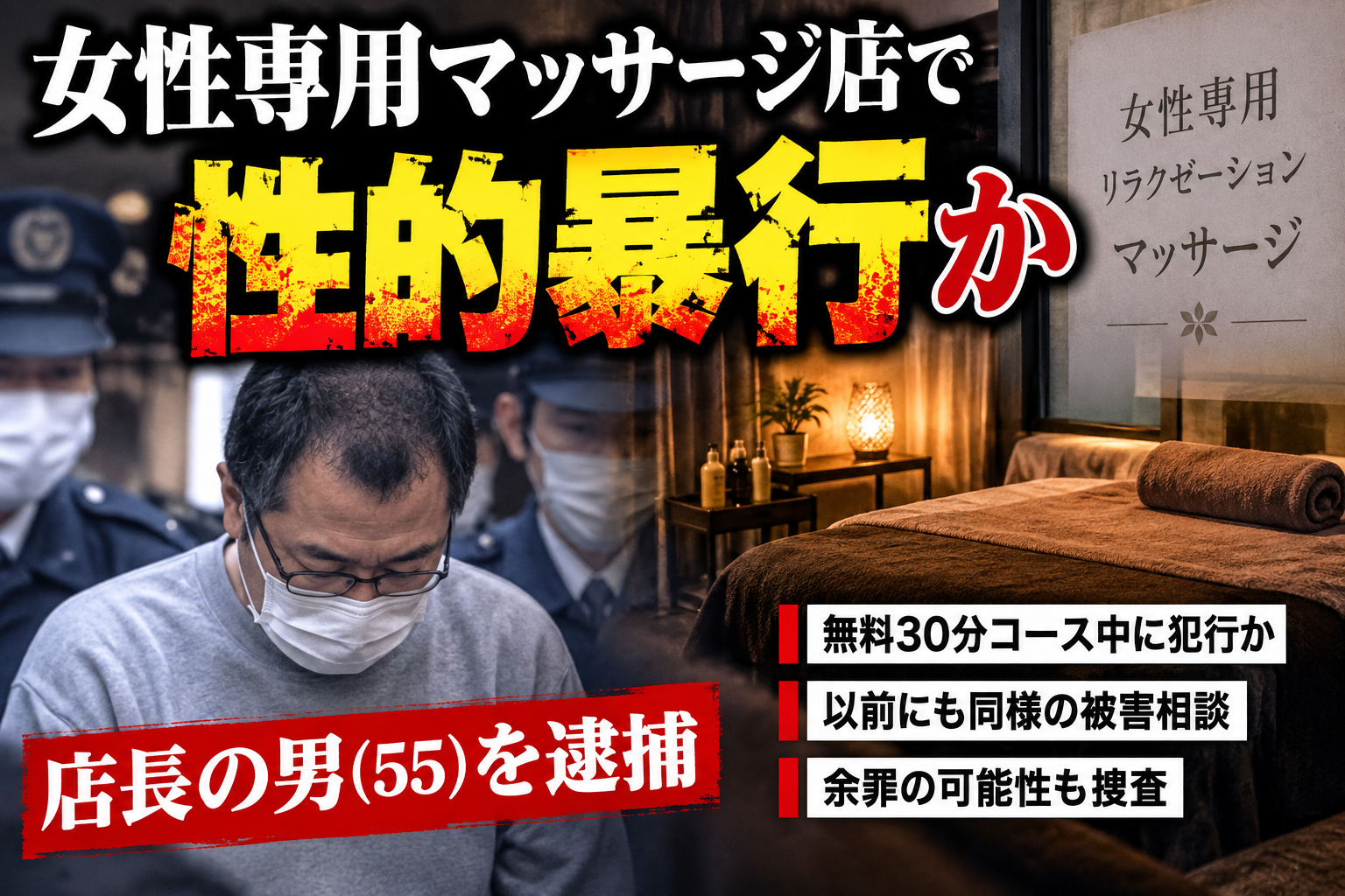 足立区の女性専用マッサージ店で起きた事件を伝えるニュース風イメージ