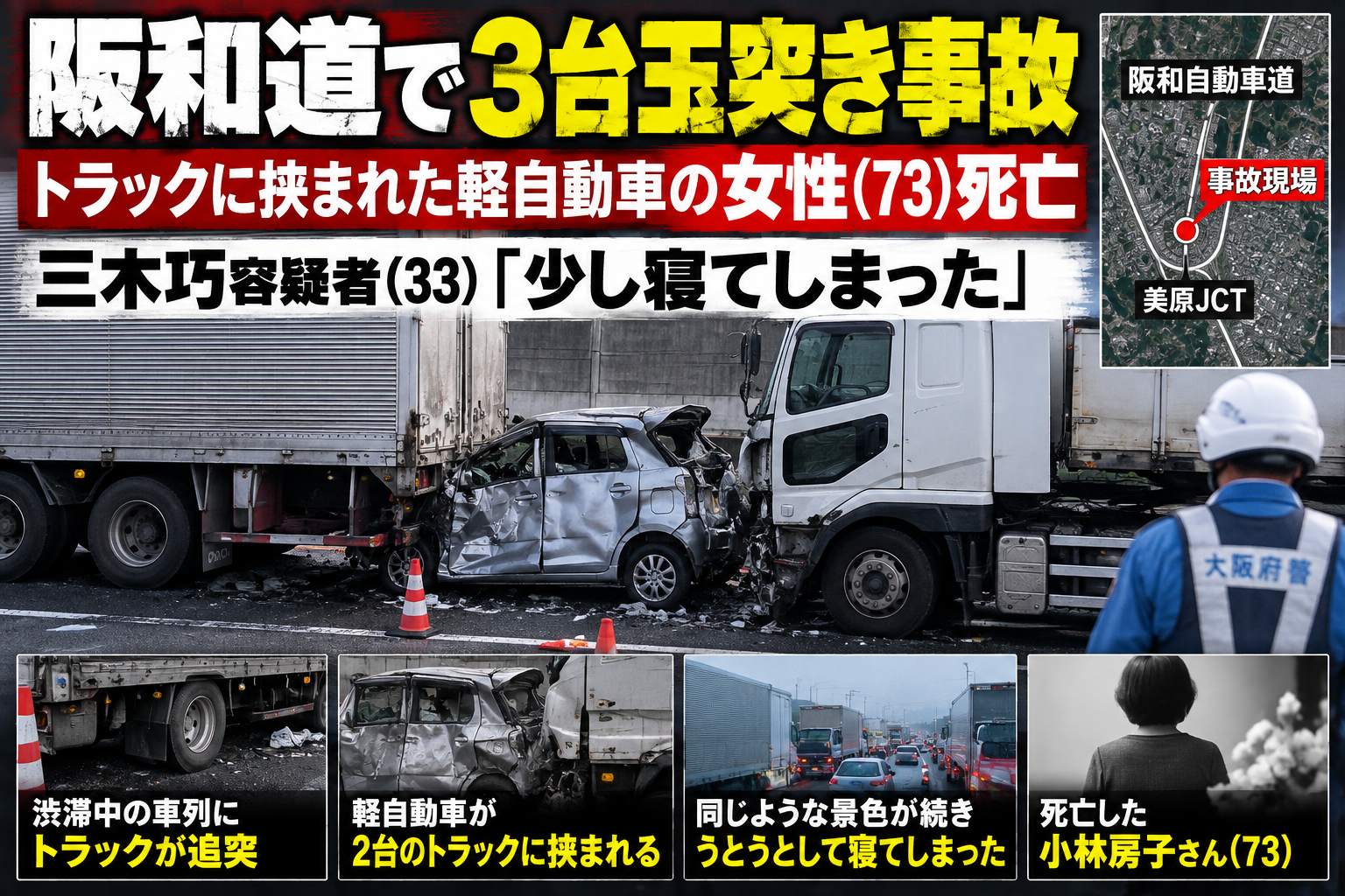 阪和道の玉突き事故を説明するAI生成画像。実際の事故現場や容疑者の写真ではありません