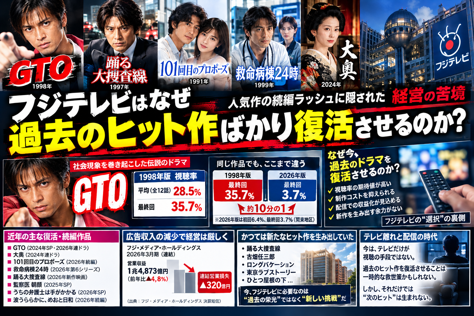 GTOの1998年版と2026年版の視聴率を比較しフジテレビの過去作復活を分析する画像