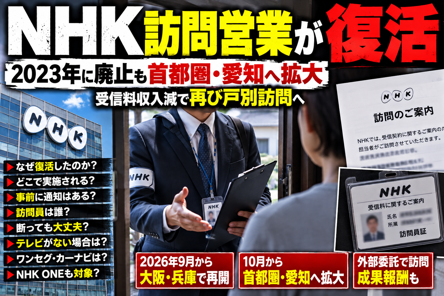 NHKの訪問営業再開と受信契約をめぐる動きを伝えるニュース風イメージ