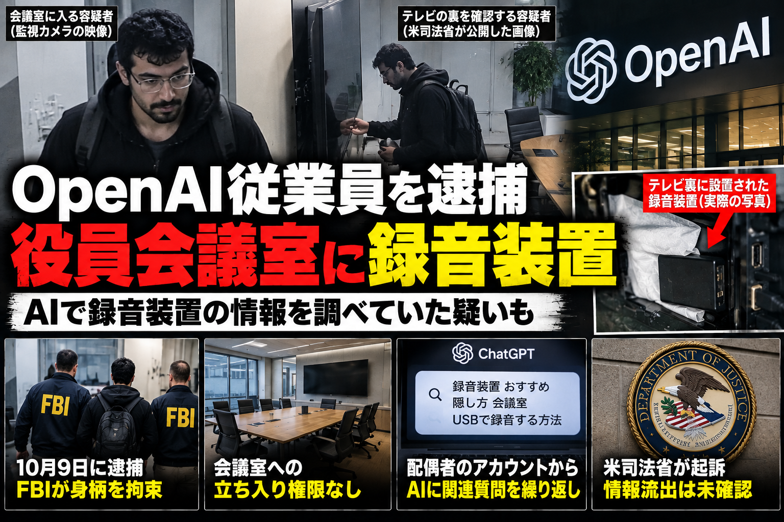 OpenAI従業員逮捕事件のAI生成による再現画像。人物や監視映像は実際の写真ではありません。