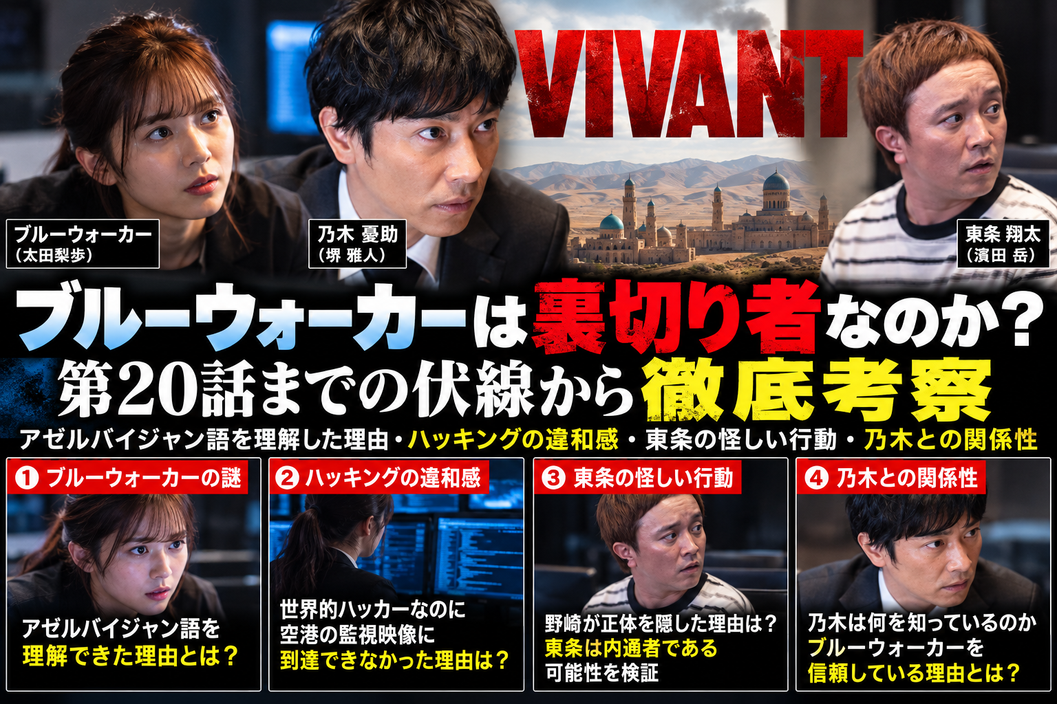 VIVANTのブルーウォーカー裏切り者説を扱う考察用合成画像。劇中写真ではありません。