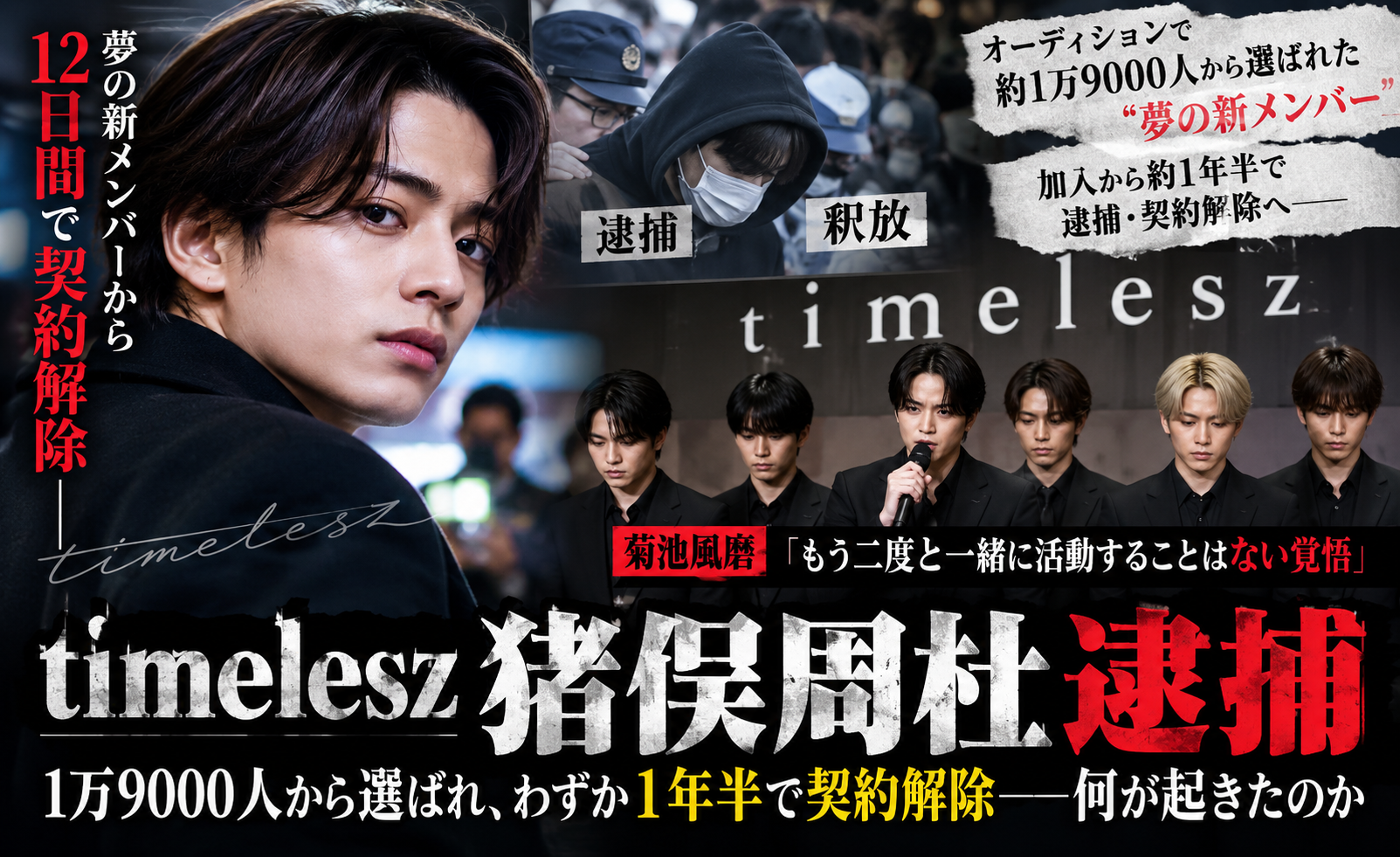 timelesz猪俣周杜の逮捕と契約解除を扱う記事のヘッダー画像