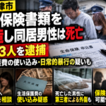 津市の生命保険書類偽造事件と同居男性死亡を伝えるニュース風イメージ