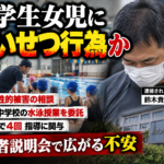牧之原市のスイミングコーチ逮捕と水泳授業委託問題を伝えるニュース風イメージ